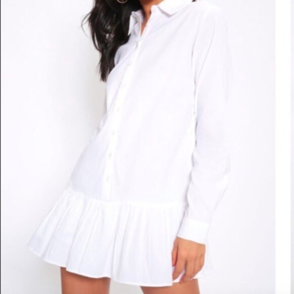 Oversized White Frill Hem Shirt Dress NWOT - Sz 8 - Picture 2 of 5